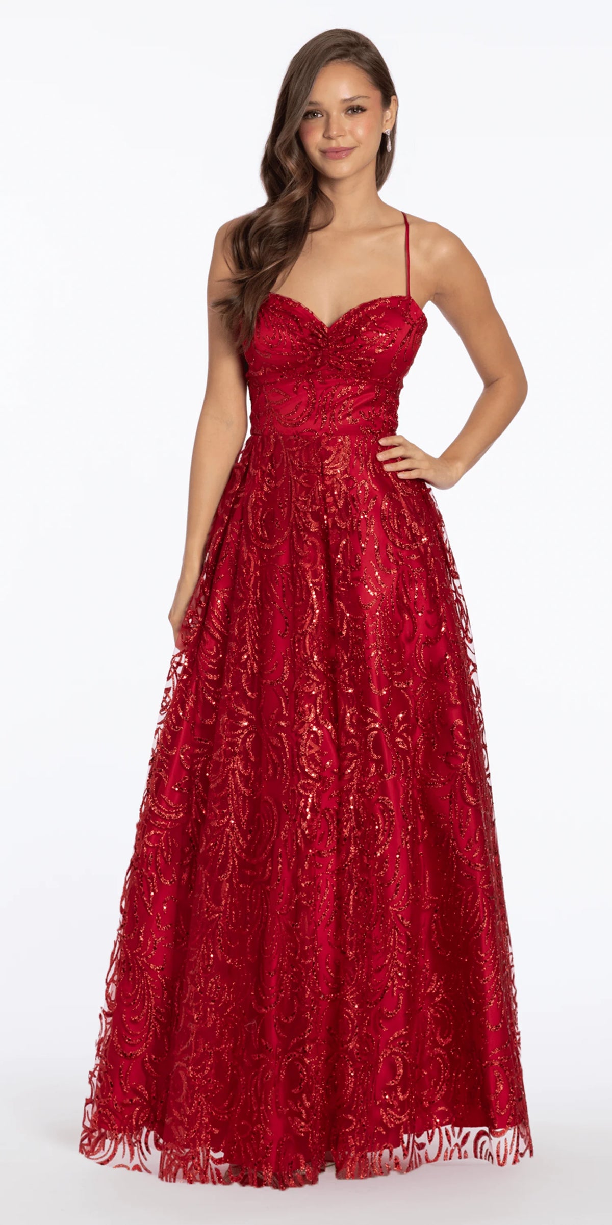 Strappy Back Pinched Sweetheart Glitter Mesh Ballgown with Pockets