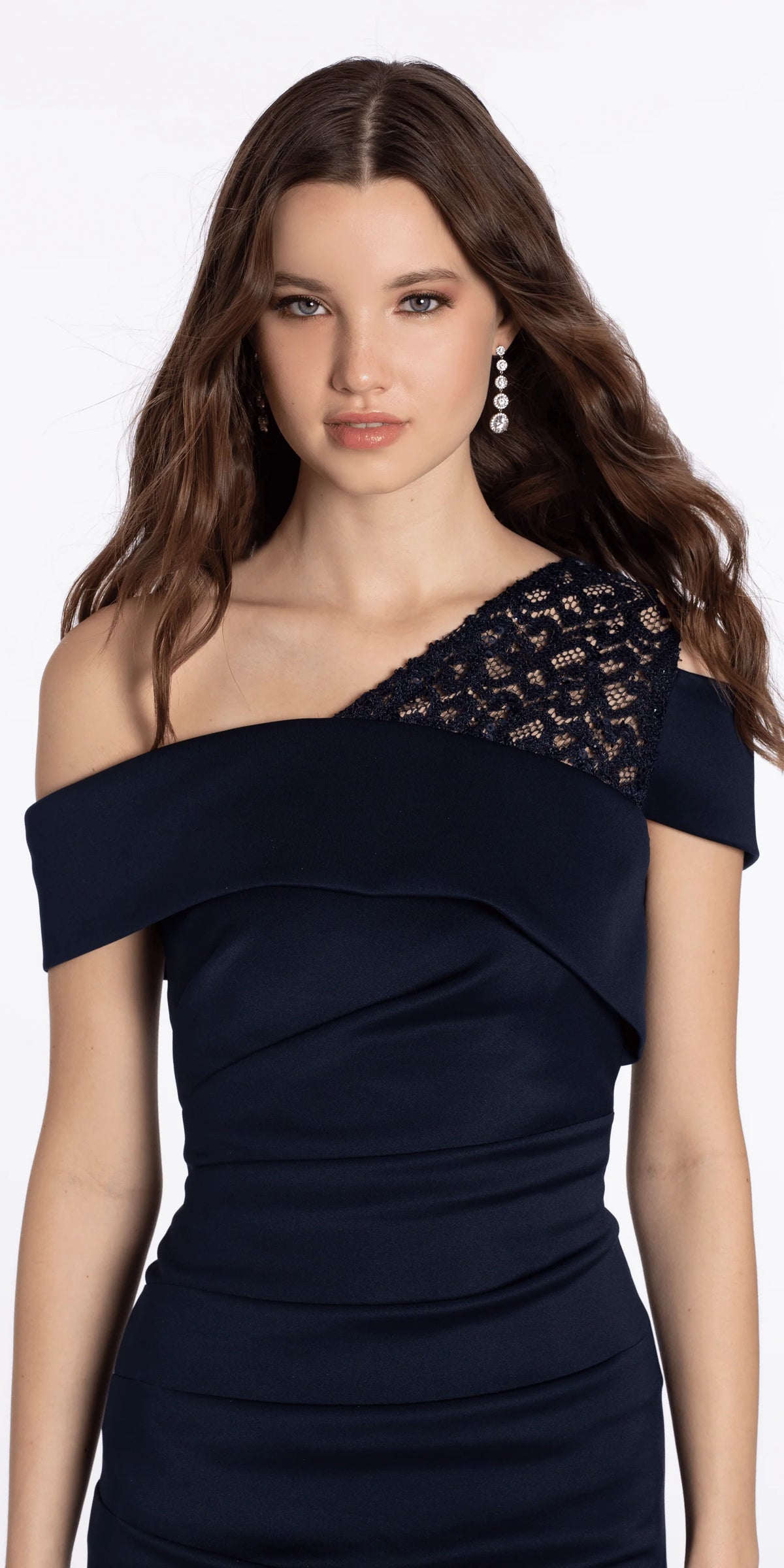 Lace One Shoulder Foldover Scuba Column Dress with Back Slit