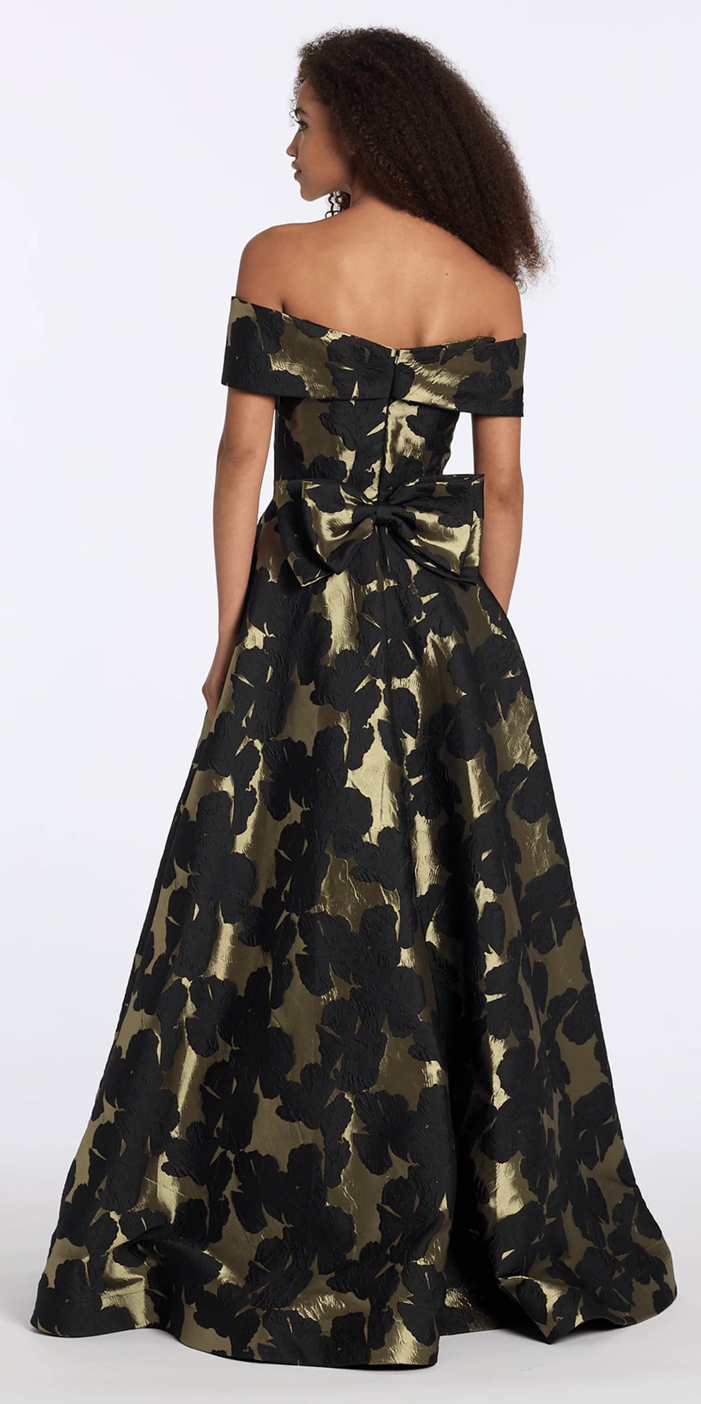 Off the Shoulder Floral Jacquard A Line Dress with Bow