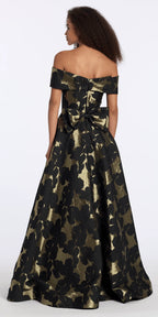Off the Shoulder Floral Jacquard A Line Dress with Bow