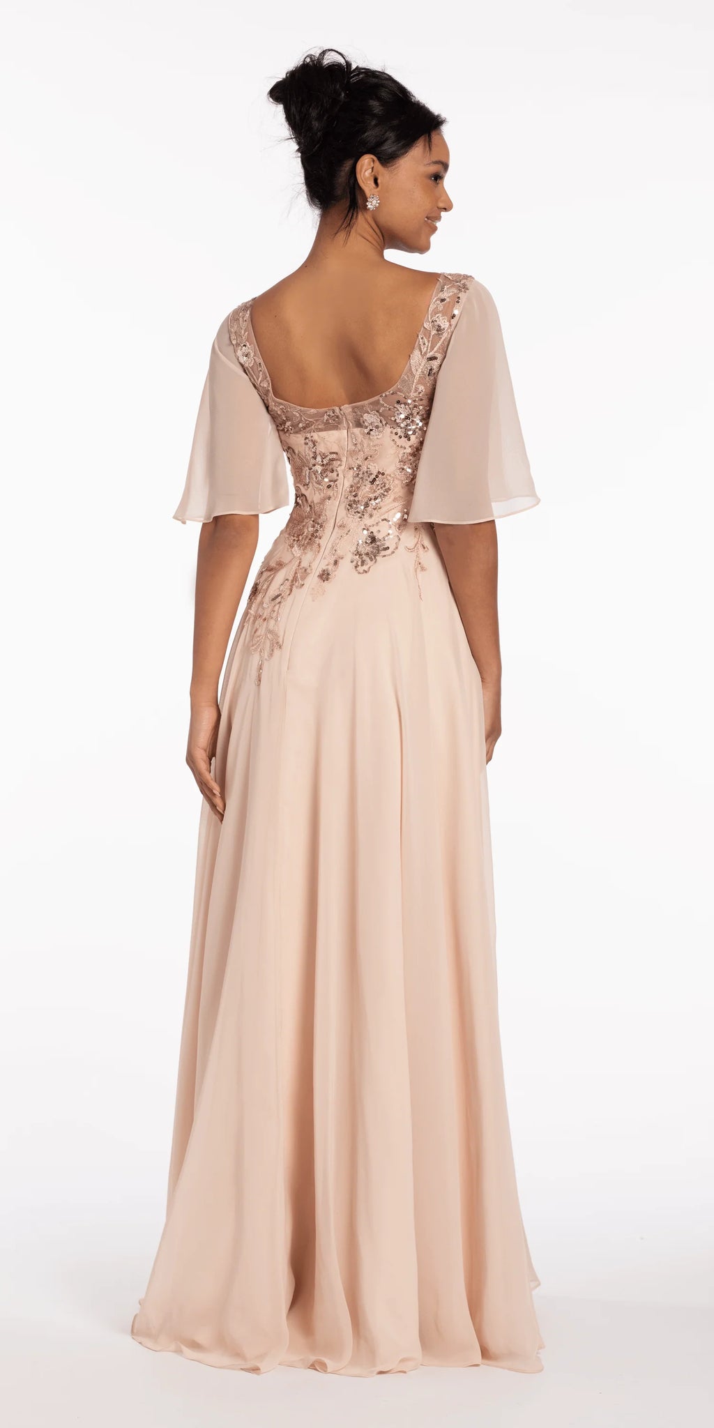 Scoop Neck Chiffon Flutter Sleeve Embroidered A line Dress