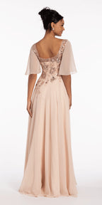 Scoop Neck Chiffon Flutter Sleeve Embroidered A line Dress