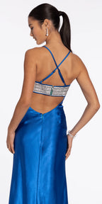 Strappy Back Satin Rhinestone Sweetheart Column Dress