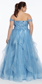 Embroidered Off the Shoulder Beaded Glitter Tulle Tiered Ballgown