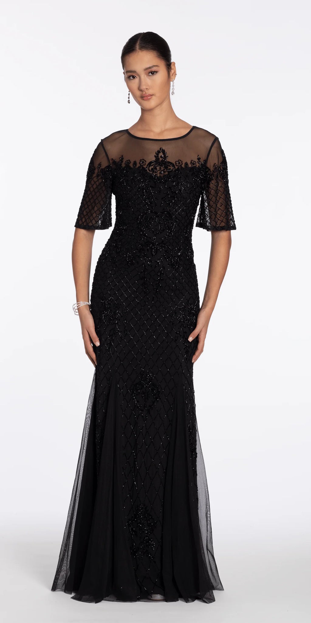 Beaded Illusion Short Sleeve Trumpet Dress with Godets