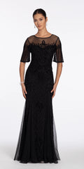 Beaded Illusion Short Sleeve Trumpet Dress with Godets