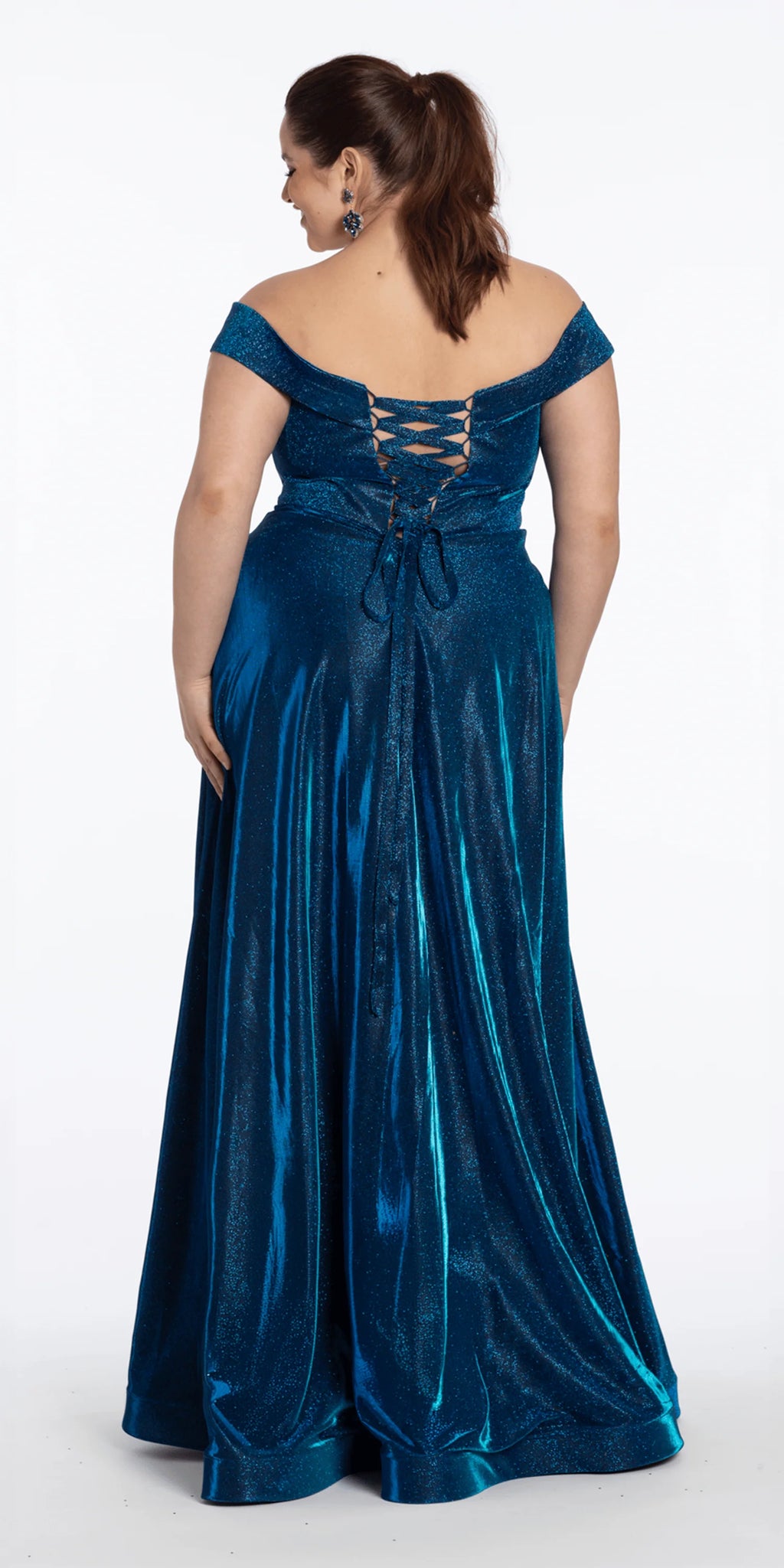 Iridescent Metallic Glitter Off the Shoulder Plunge A Line Dress