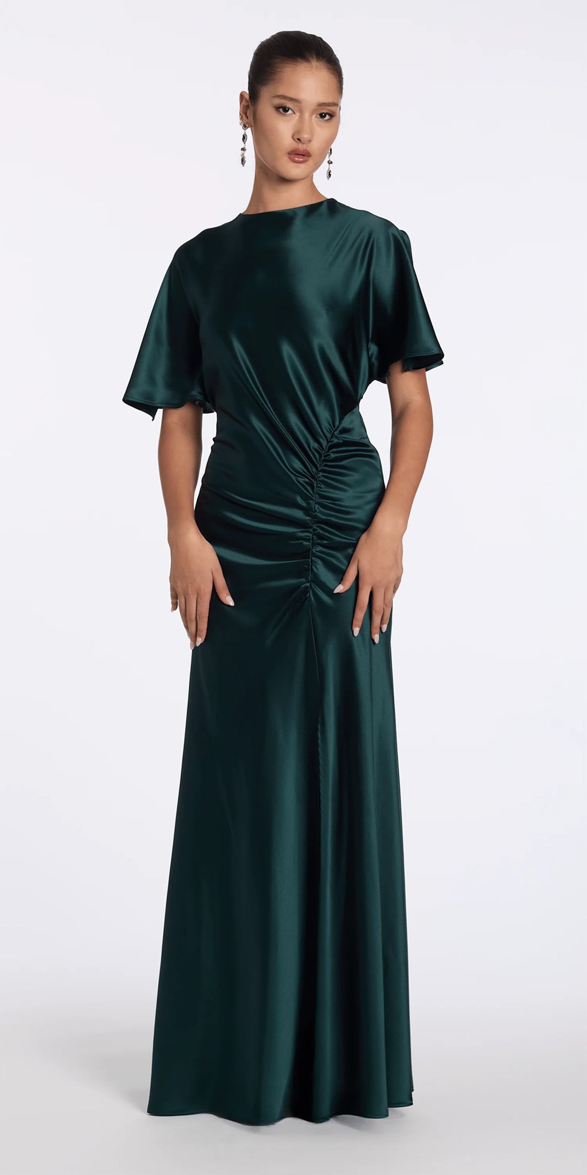 Satin Jewel Neck Flutter Sleeve Column Dress with Side Slit