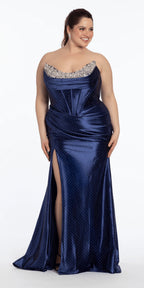 Pointed Rhinestone Satin Strapless Corset Column Dress