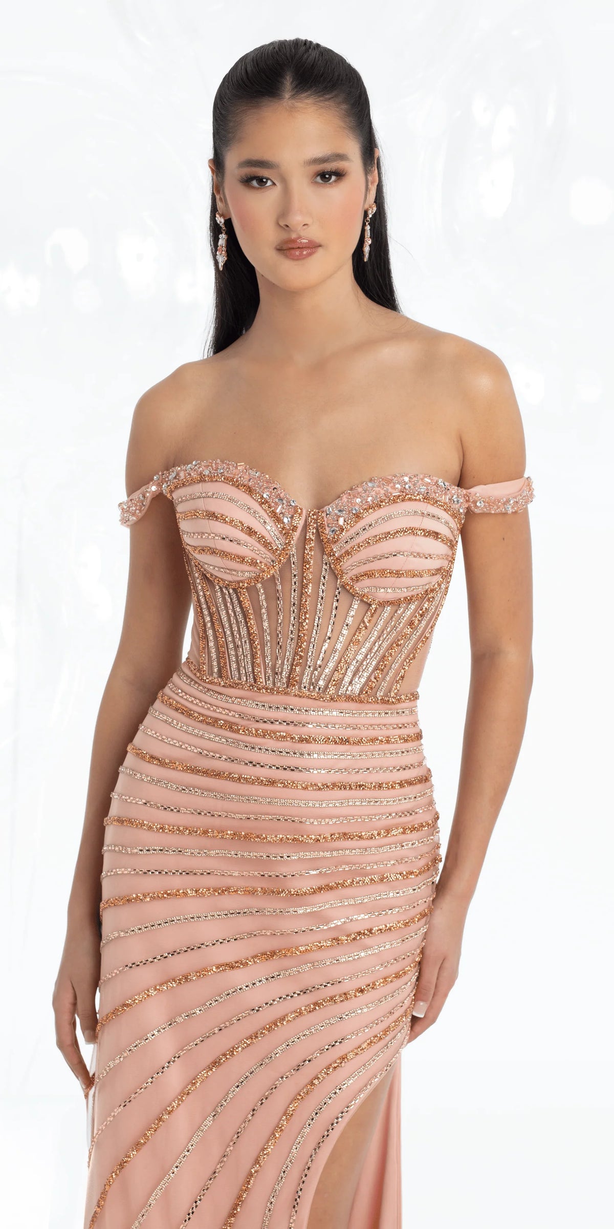 Mesh Rhinestone Linear Stripe Off the Shoulder Trumpet Dress