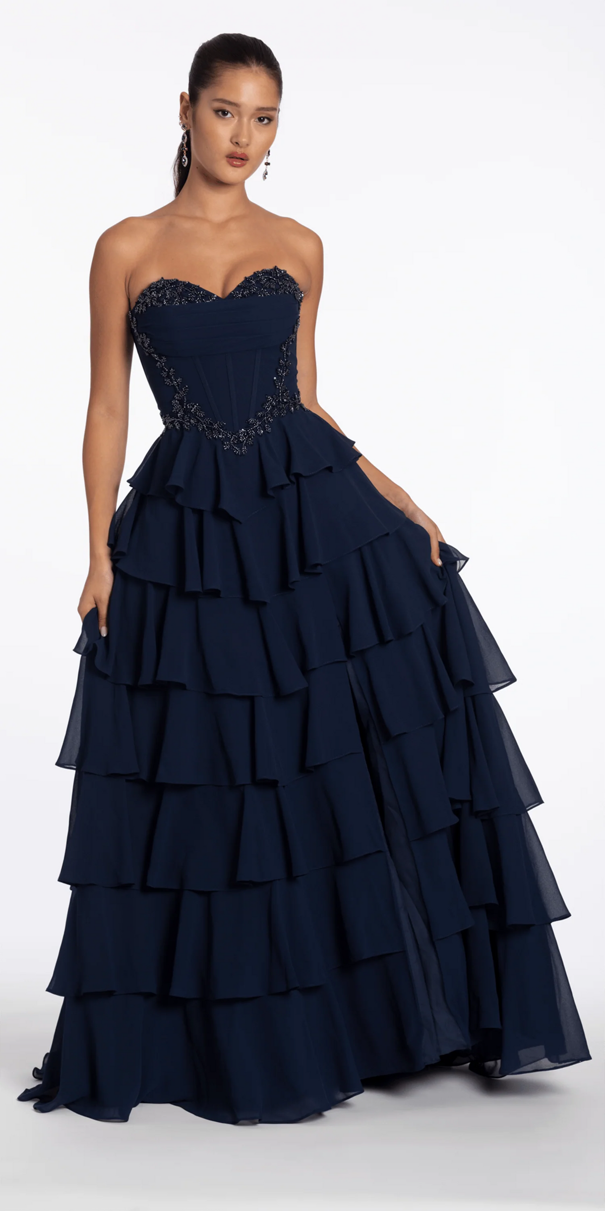 Strapless Beaded Chiffon Corset Tiered Ballgown