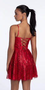Sweetheart Glitter Mesh Lace Up Back Skater Dress with Pockets