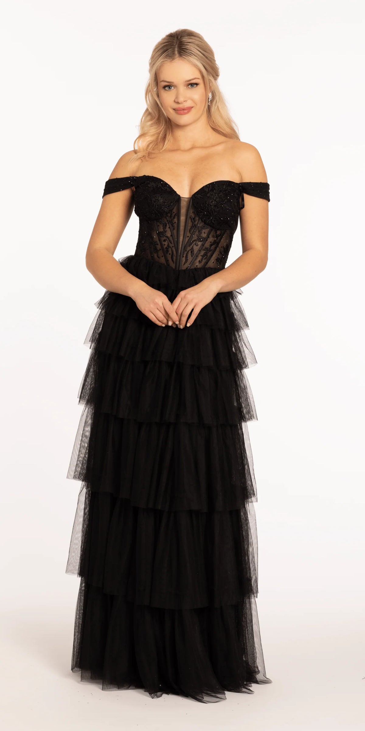 Sweetheart Off the Shoulder Tiered Mesh Ballgown
