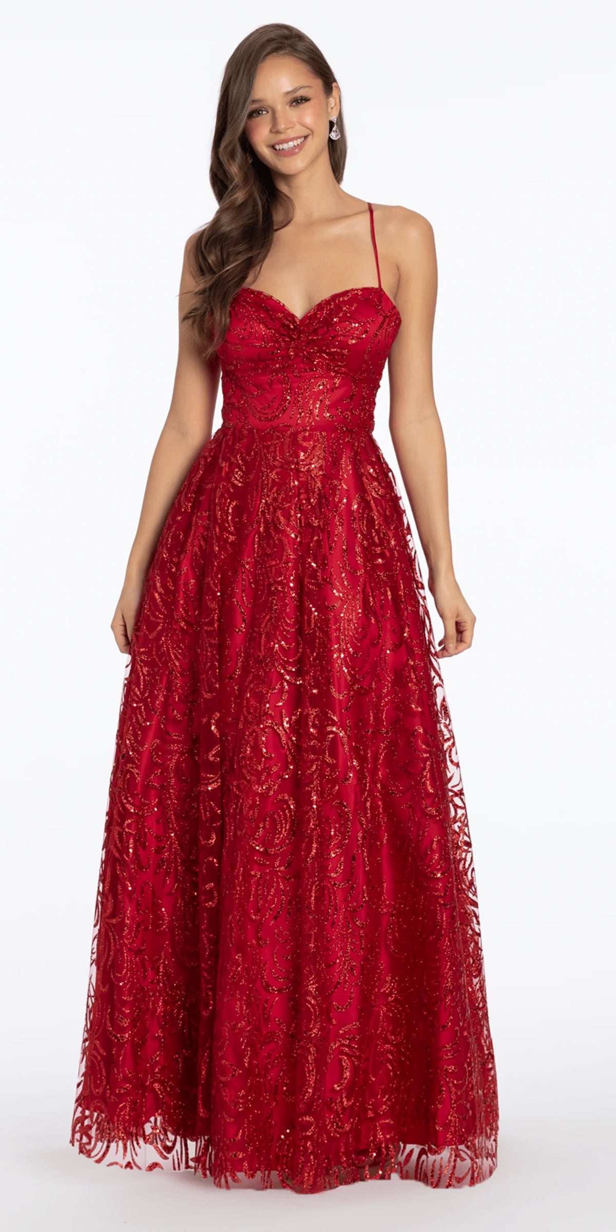 Strappy Back Pinched Sweetheart Glitter Mesh Ballgown with Pockets