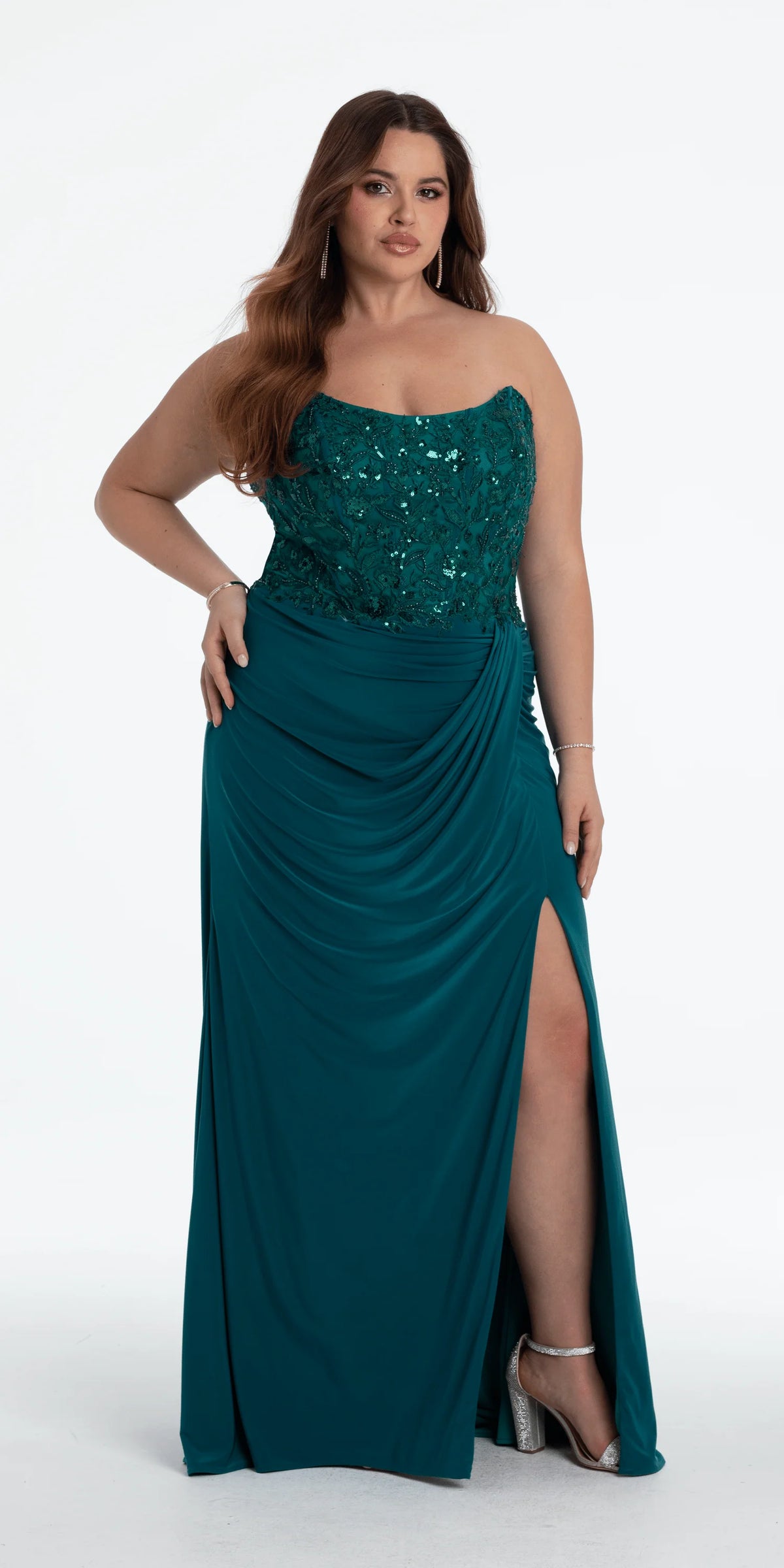 Strapless Embellished Drape Corset Jersey Column Dress