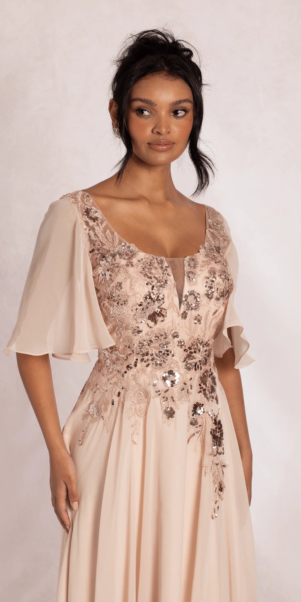 Scoop Neck Chiffon Flutter Sleeve Embroidered A line Dress