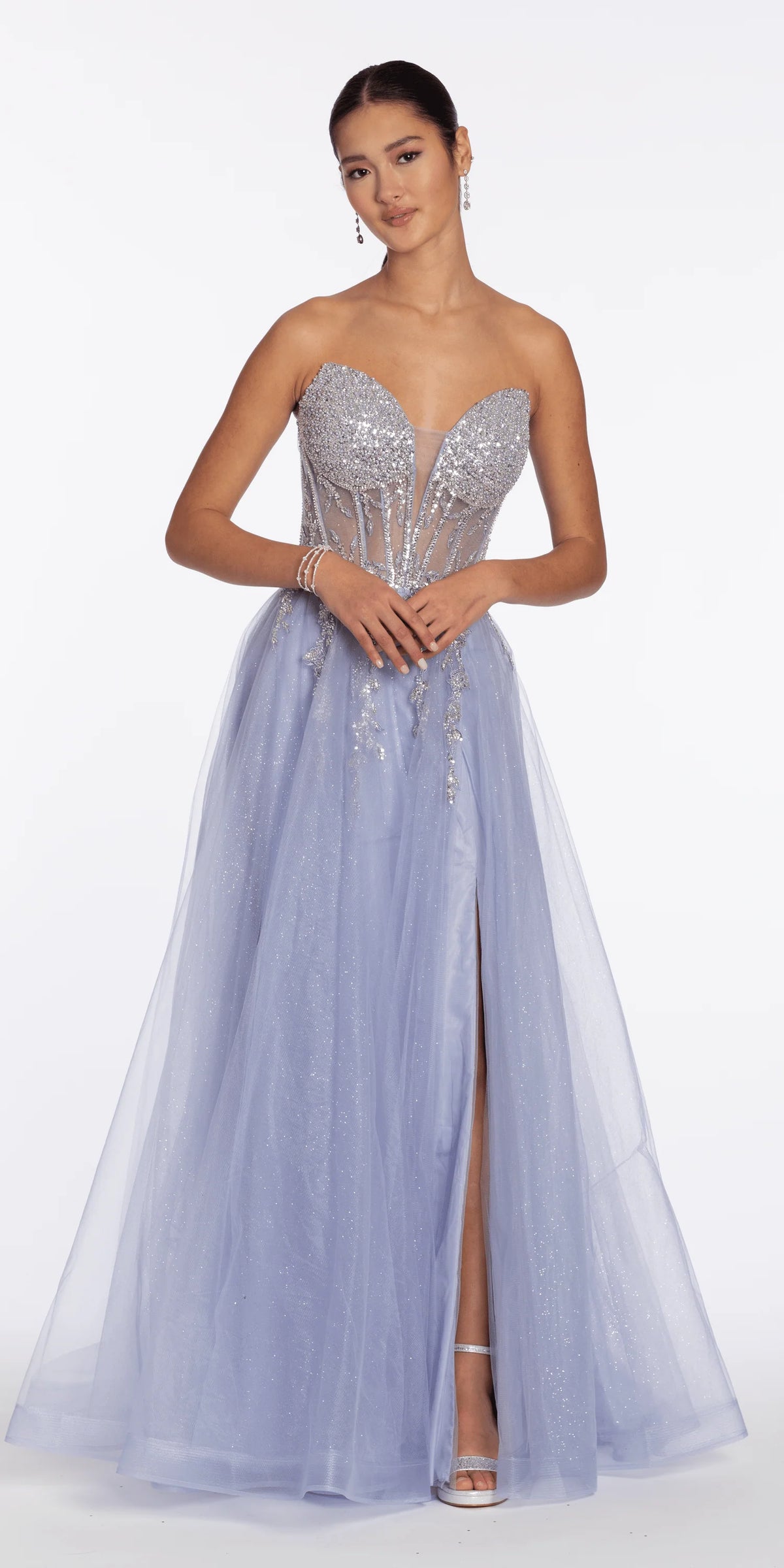 Pearl Beaded Strapless Corset Glitter Mesh A Line Dress