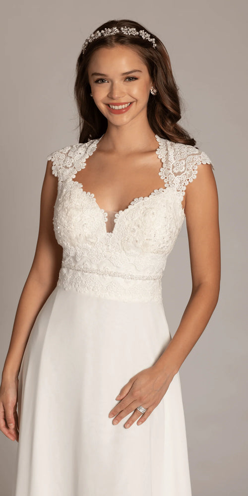Cap Sleeve Crocheted Illusion Back Chiffon A Line Dress