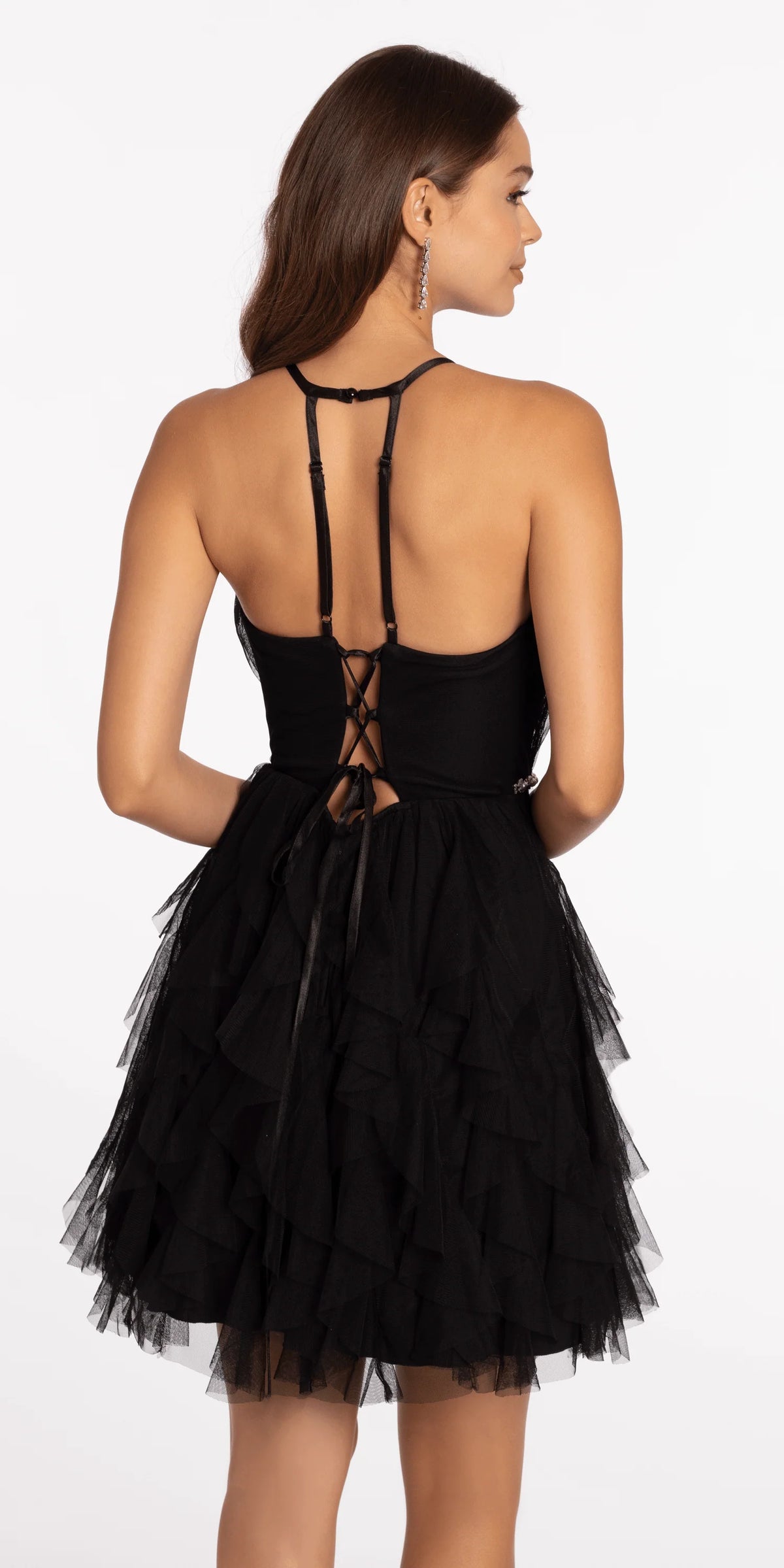 Mesh Plunge Fit and Flare Dress with Pearl Waist Detail