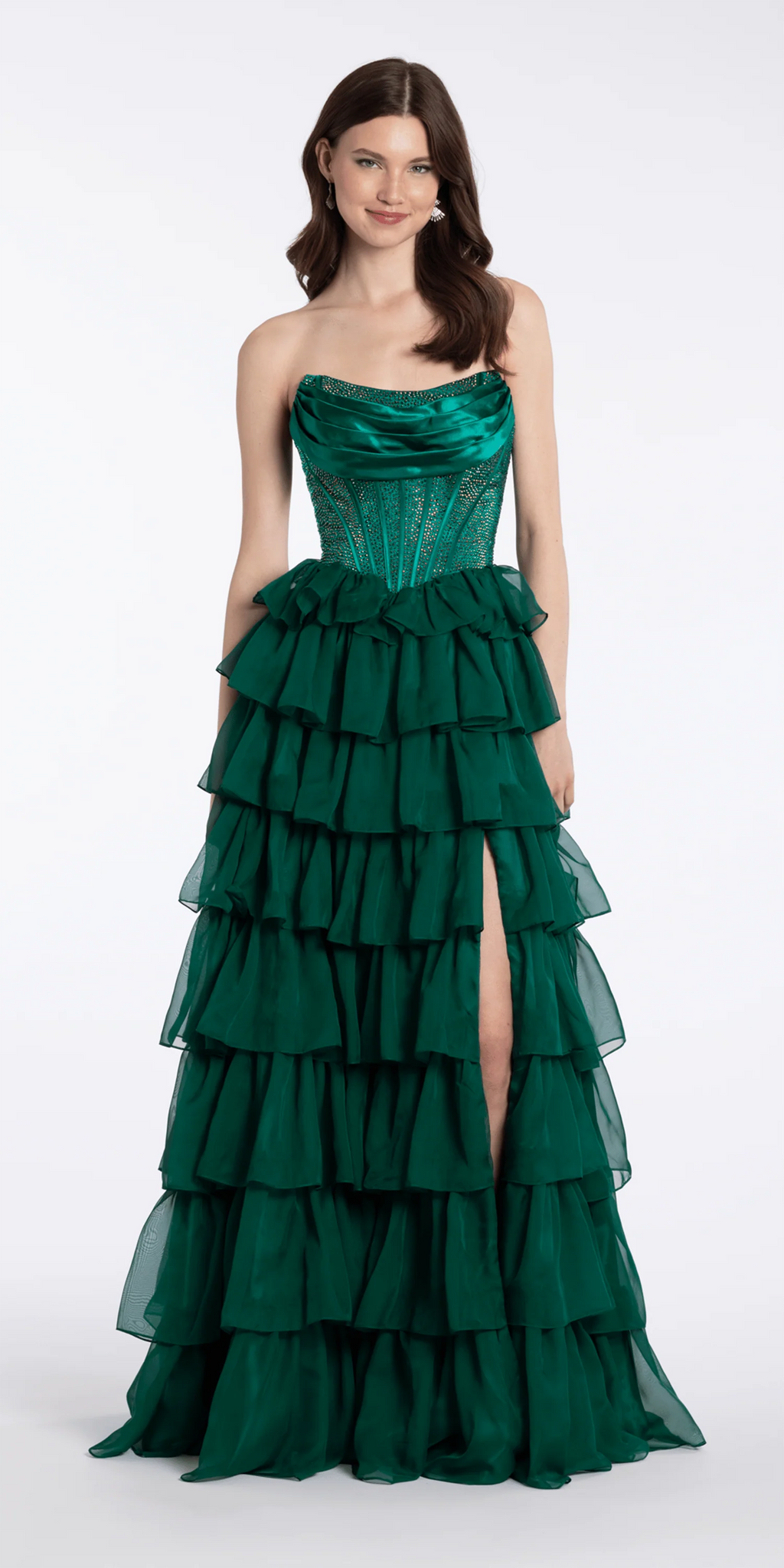 Satin Drape Embellished Corset A Line Dress with Chiffon Tiers