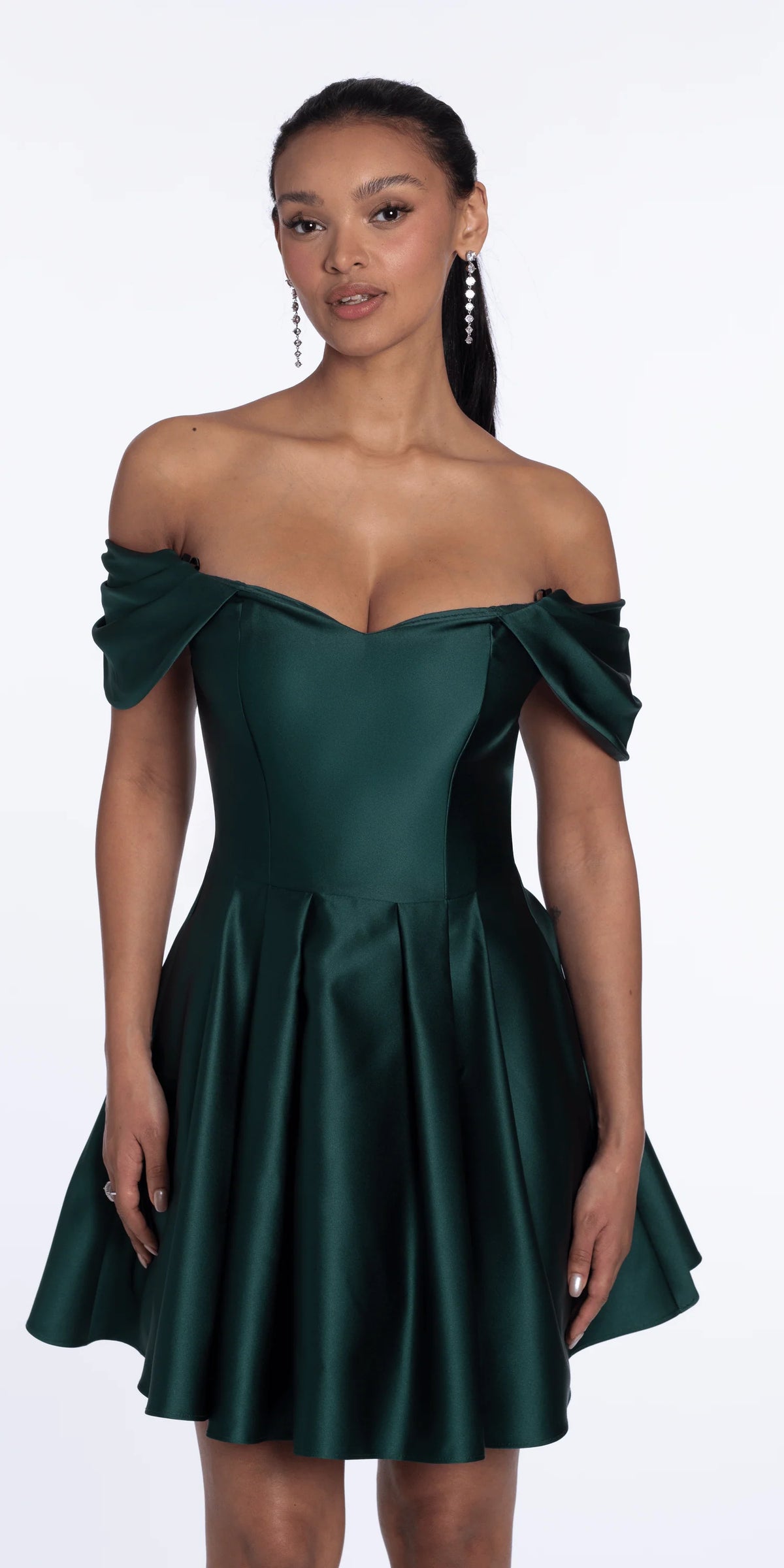 Satin Off the Shoulder Fit and Flare Dress with Princess Pleats