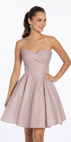 Strapless Shimmer Cris Cross Corset Fit and Flare Dress