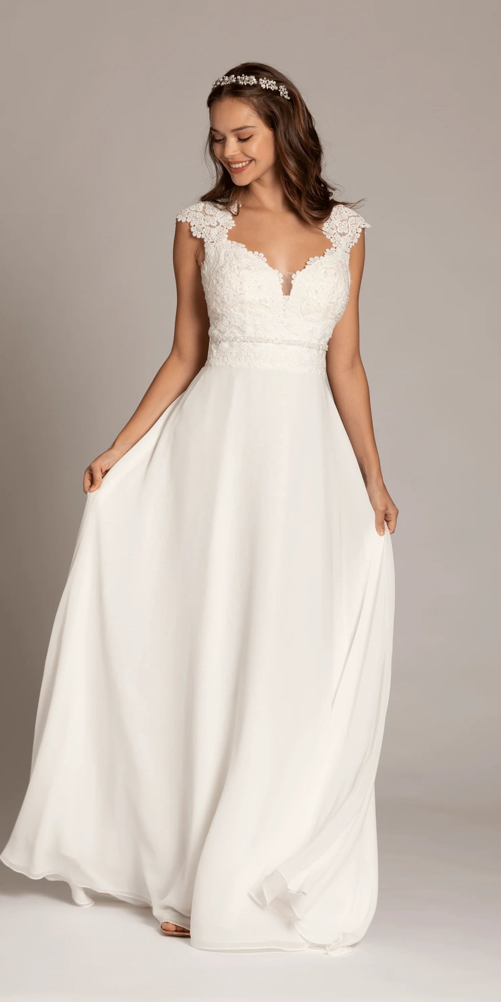 Cap Sleeve Crocheted Illusion Back Chiffon A Line Dress