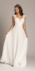 Cap Sleeve Crocheted Illusion Back Chiffon A Line Dress