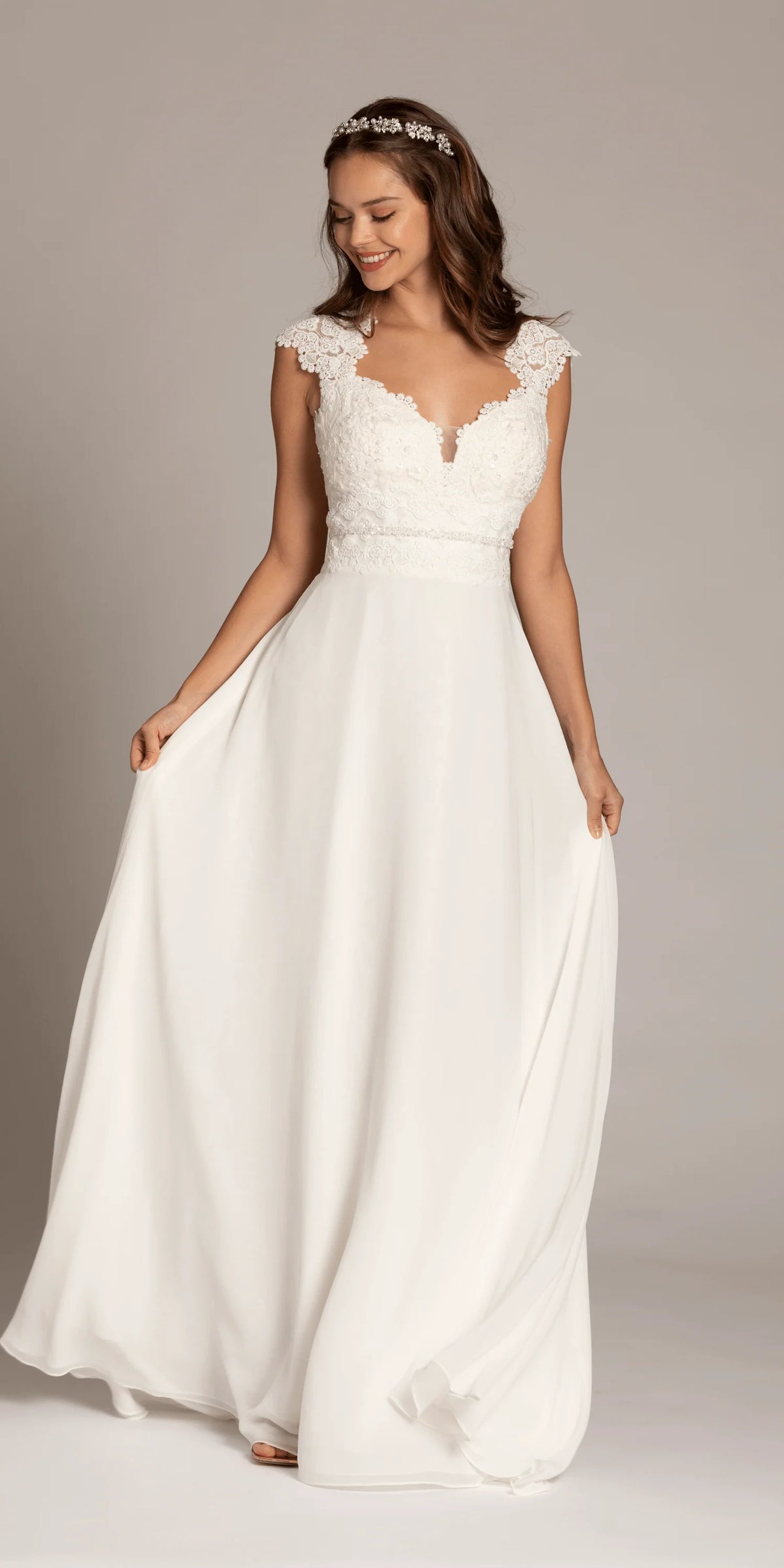 Cap Sleeve Crocheted Illusion Back Chiffon A Line Dress