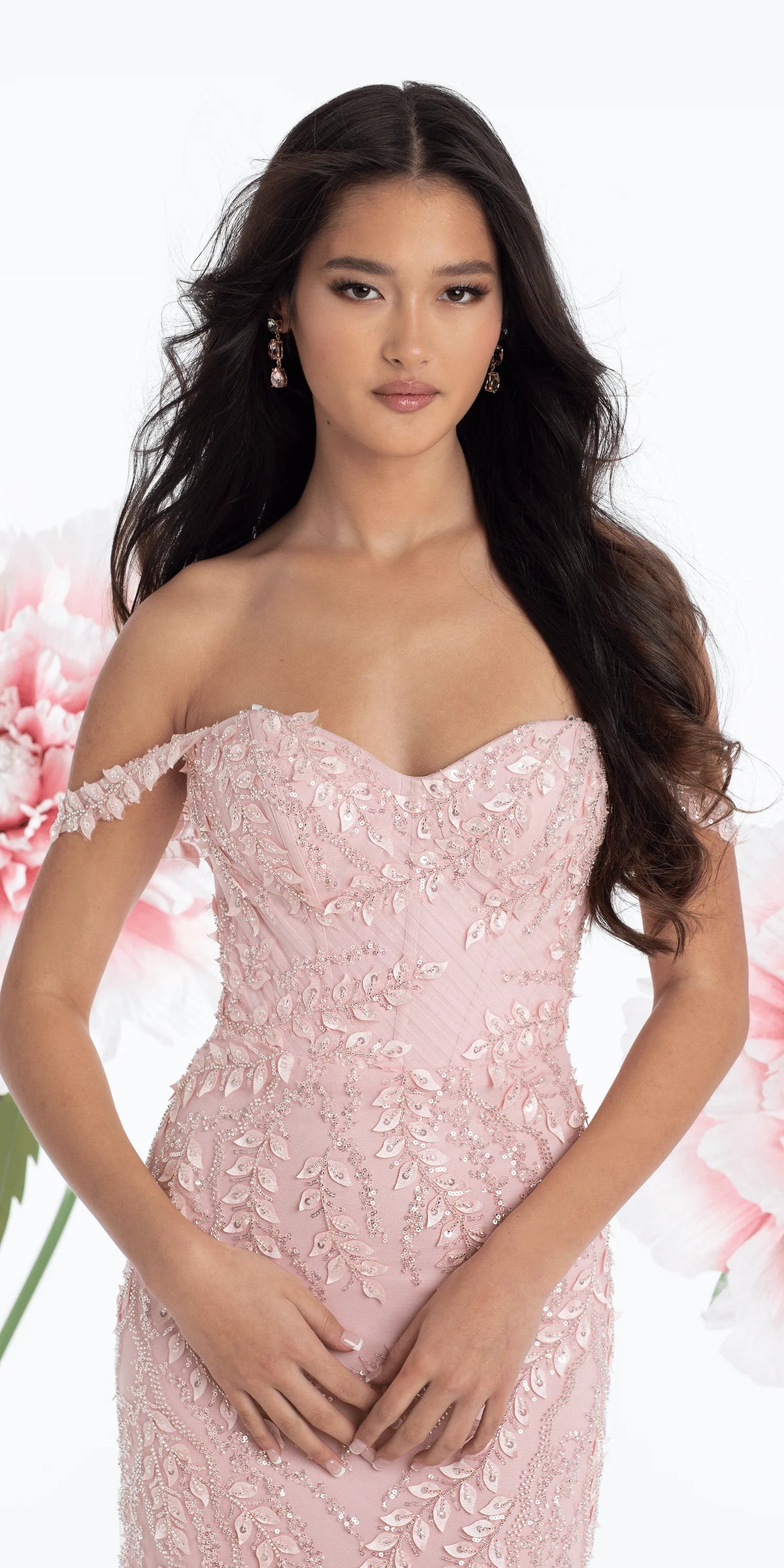 Mesh 3D Leaf Off the Shoulder Corset Column Dress
