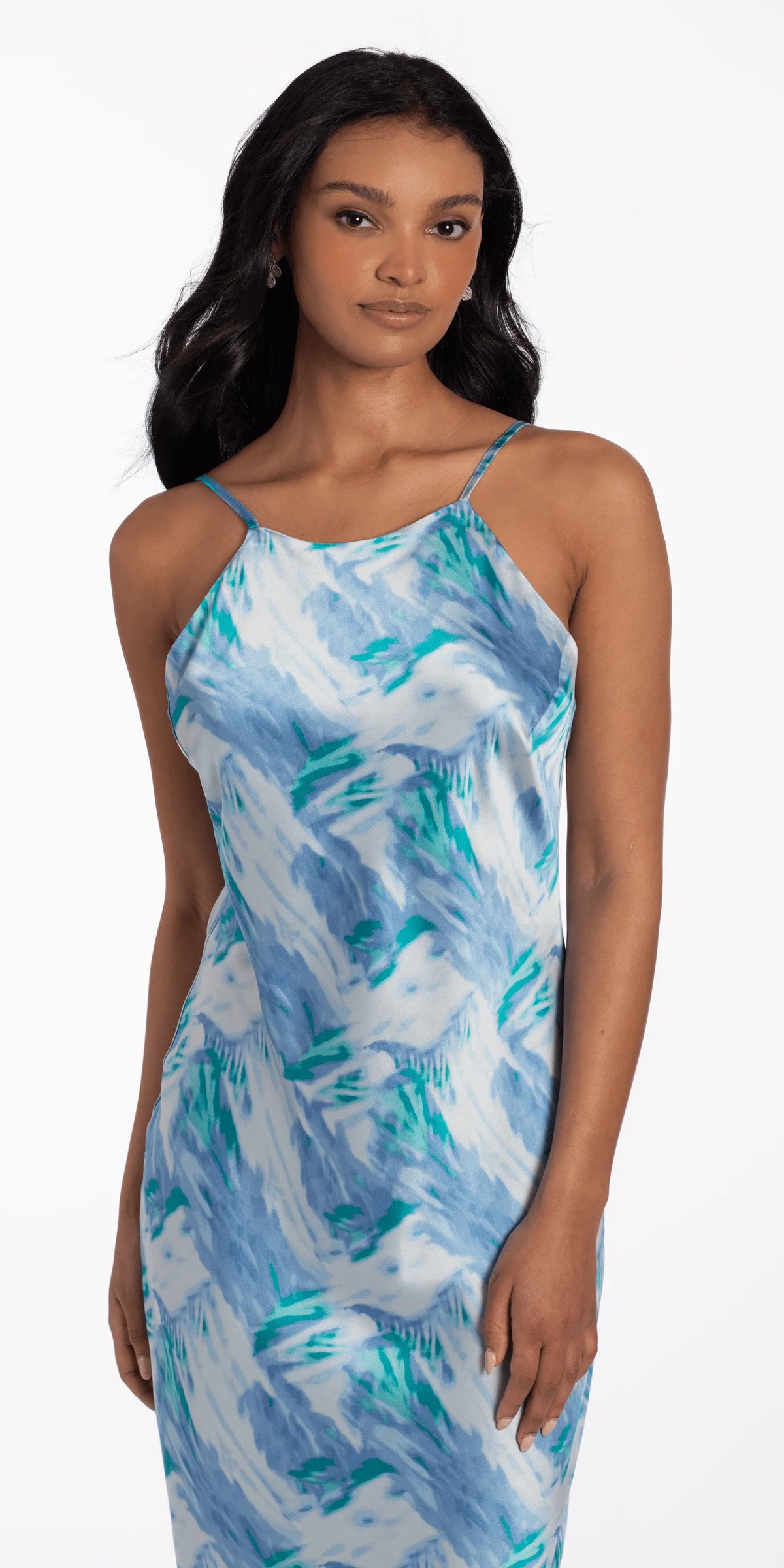 Satin Watercolor Strappy Back Halter Midi Dress