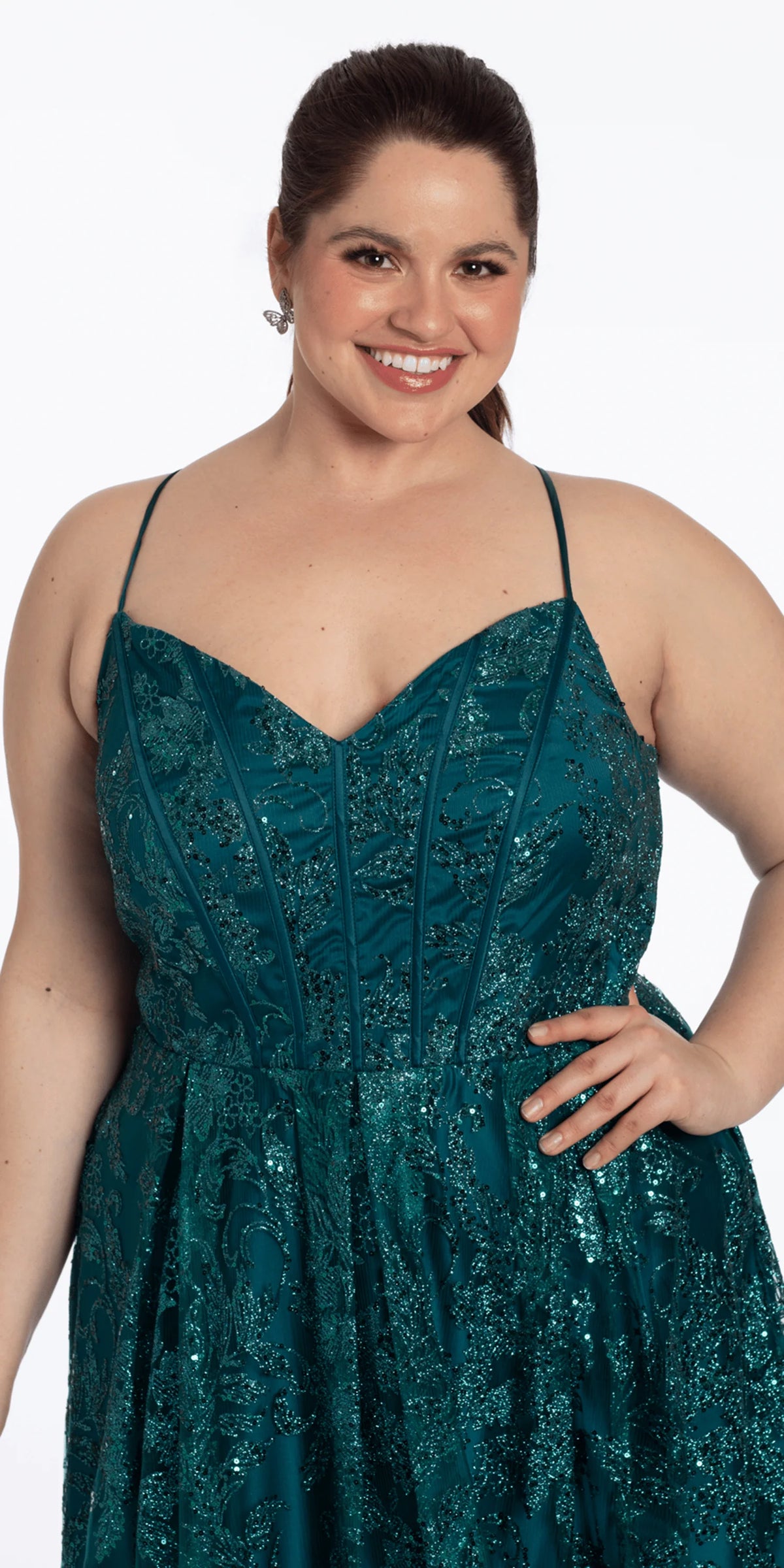 Strappy Back V Neck Glitter Mesh Ballgown with Pockets