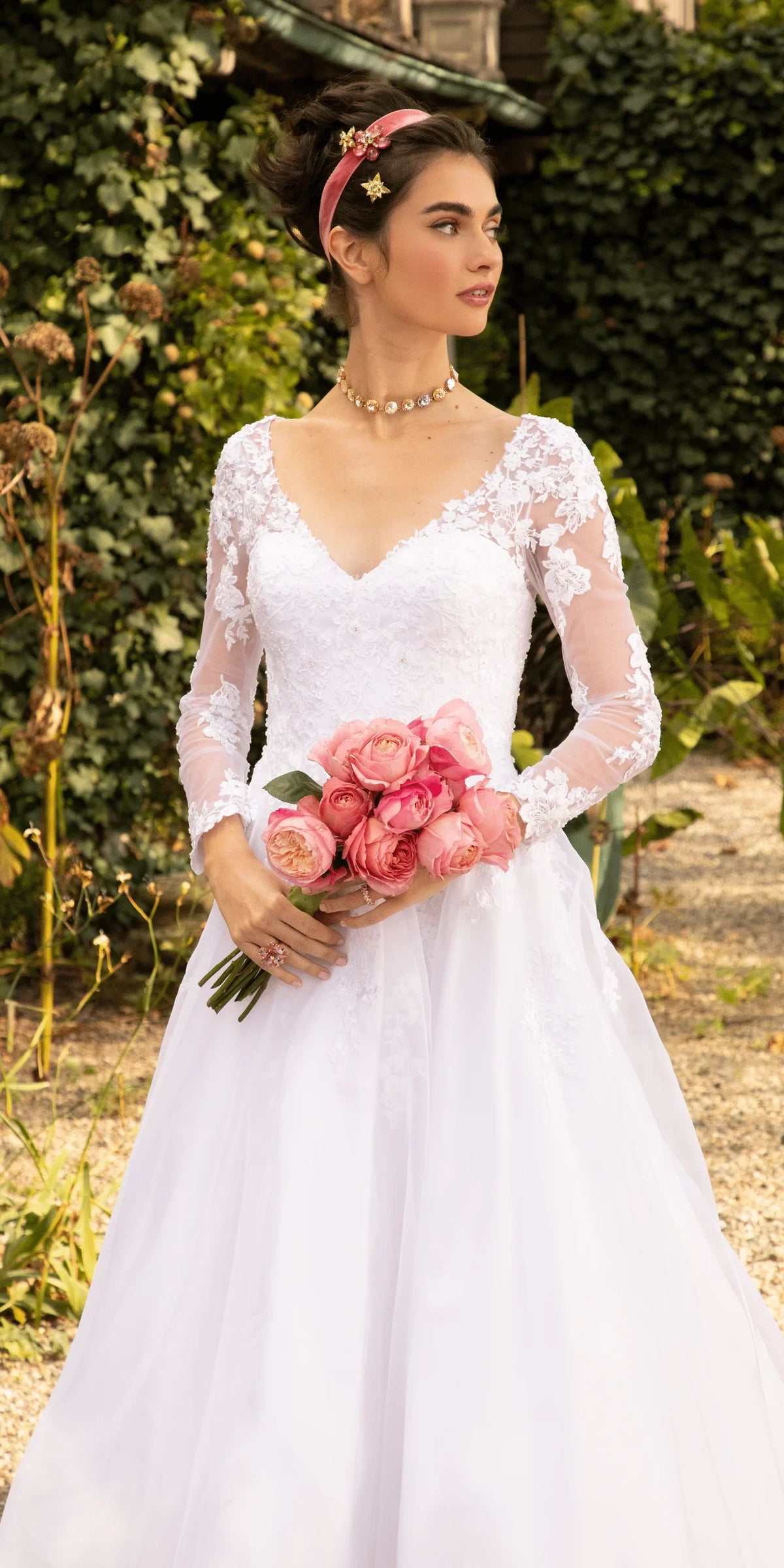 Organza V Neck Long Sleeve Lace Up Back Ballgown with Embellished Appliques
