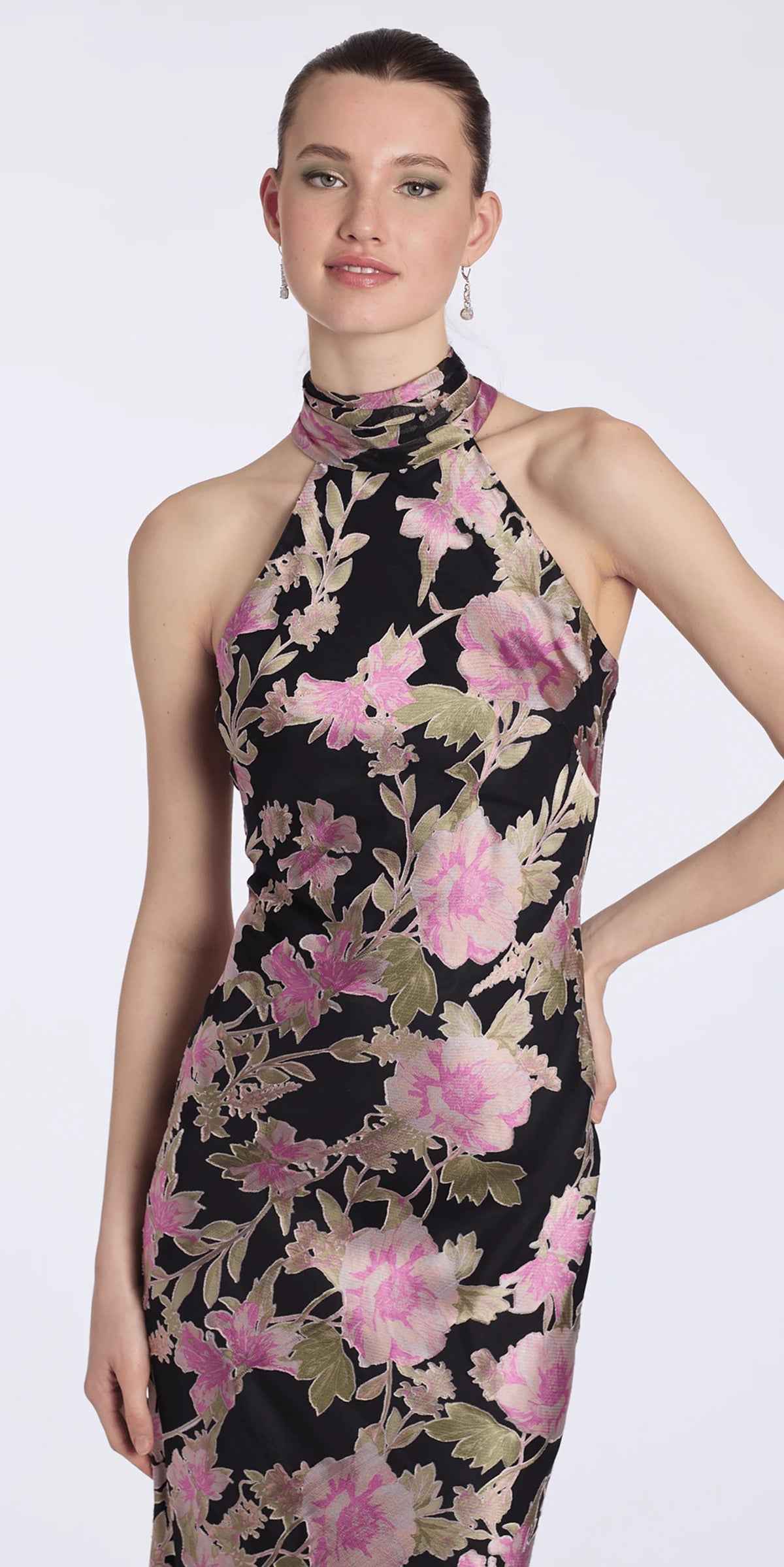 Floral Burnout Chiffon Halter Column Dress