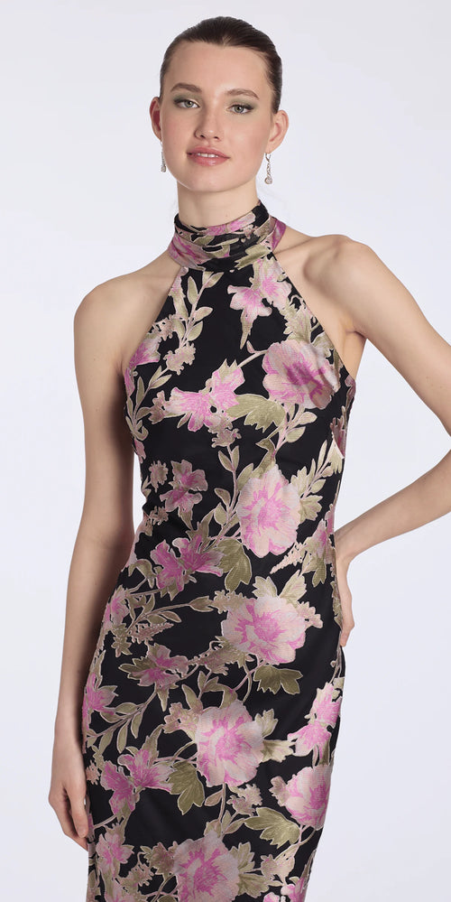 Floral Burnout Chiffon Halter Column Dress