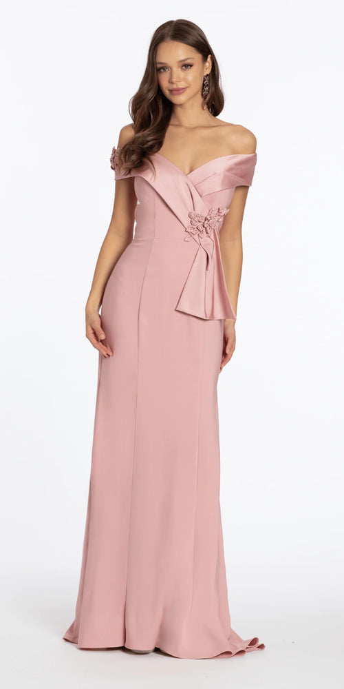 Crepe Off the Shoulder Trumpet Dress with Rosettes