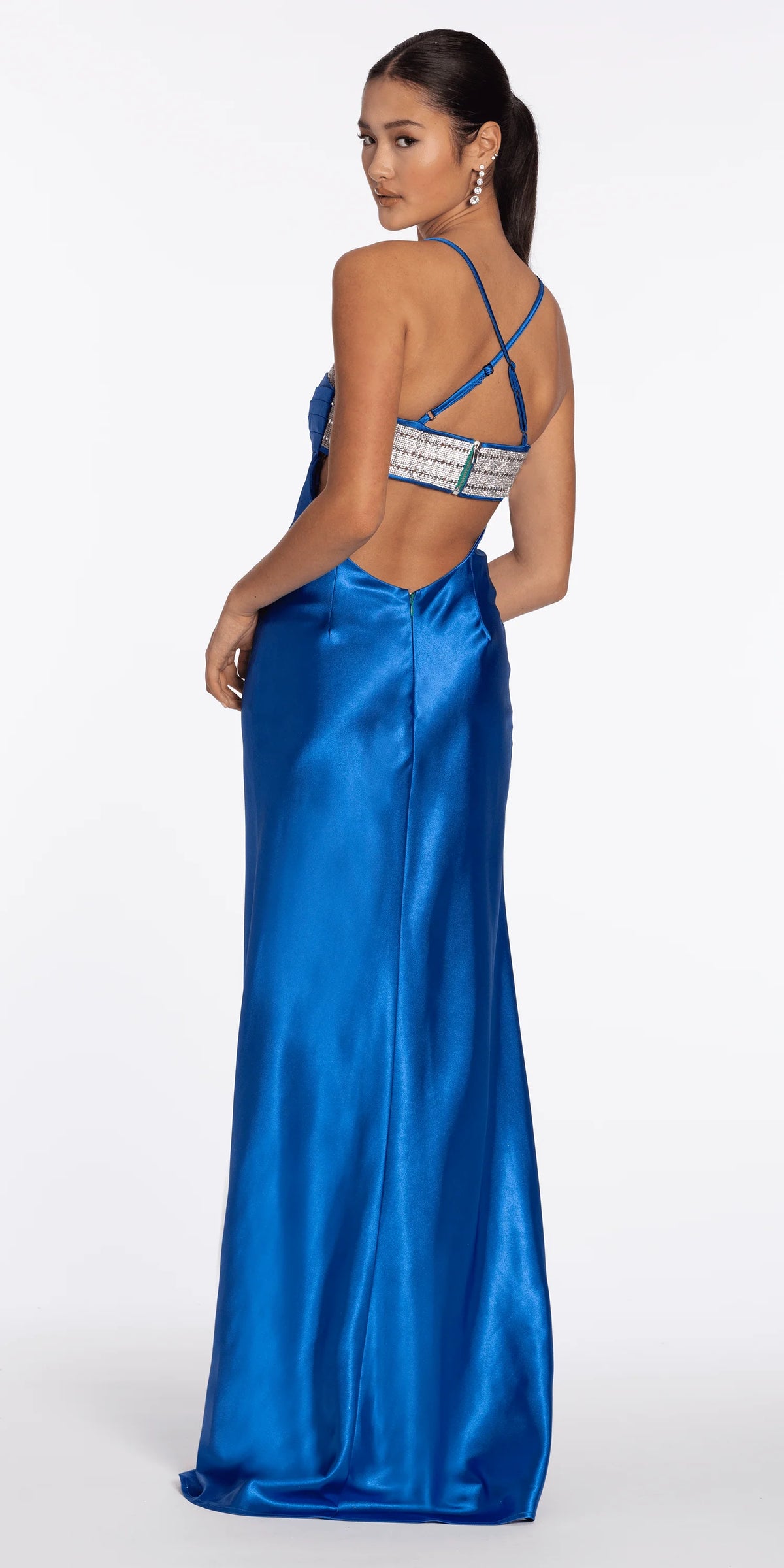 Strappy Back Satin Rhinestone Sweetheart Column Dress