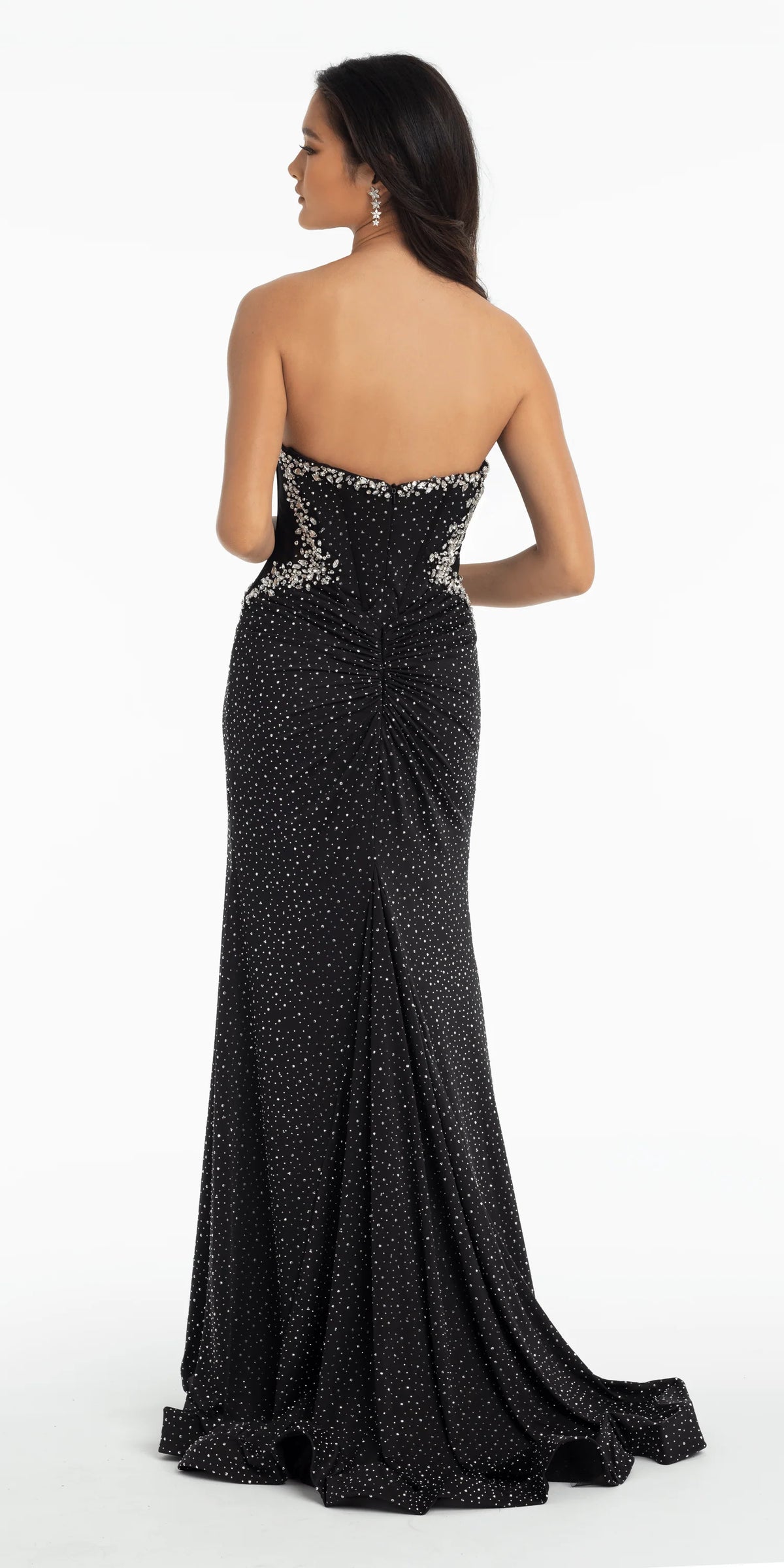 Sparking Strapless Jersey Corset Plunge Trumpet Dress with Rhinestone Details