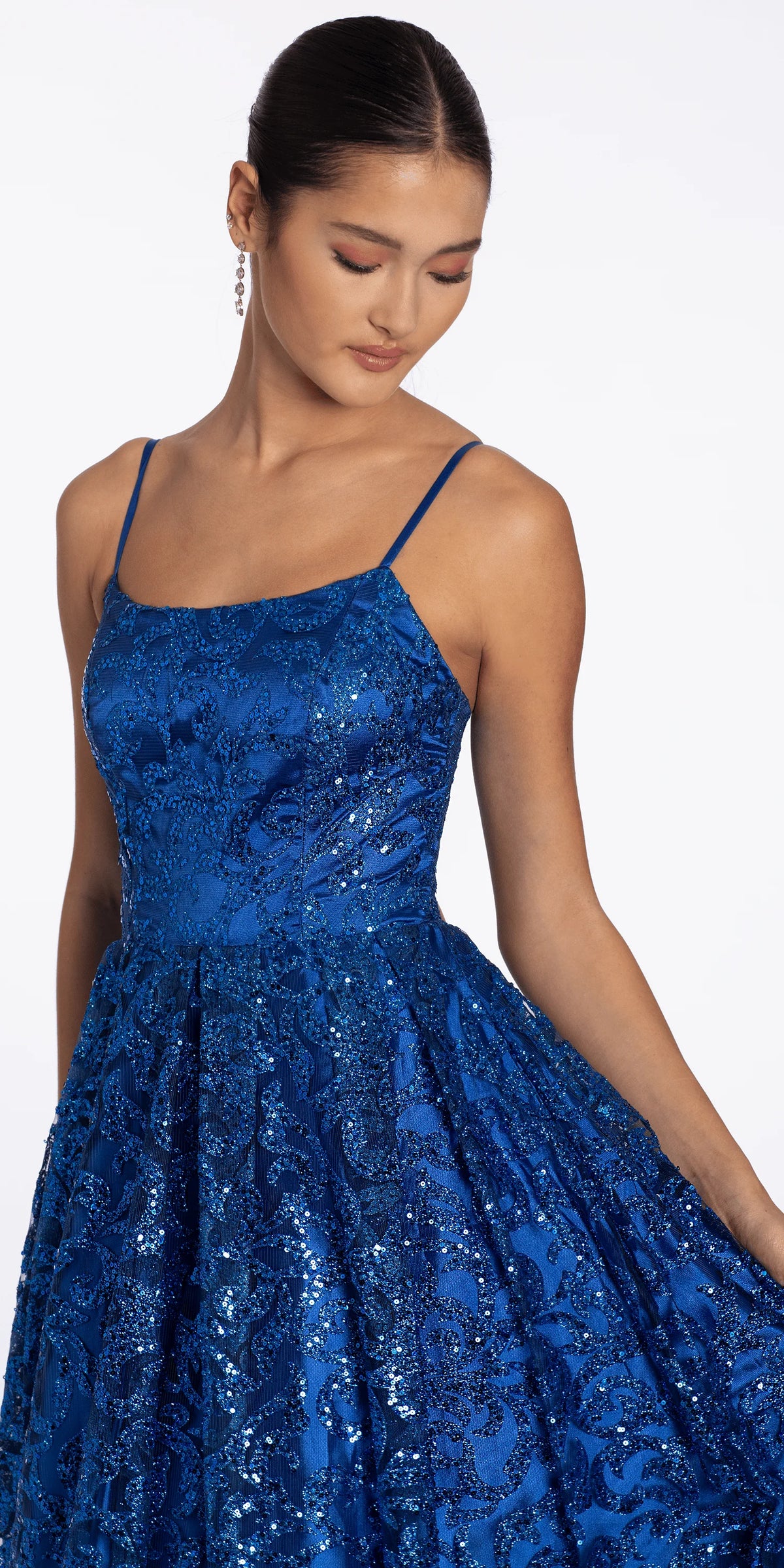 Strappy Back Glitter Mesh Ballgown with Pockets