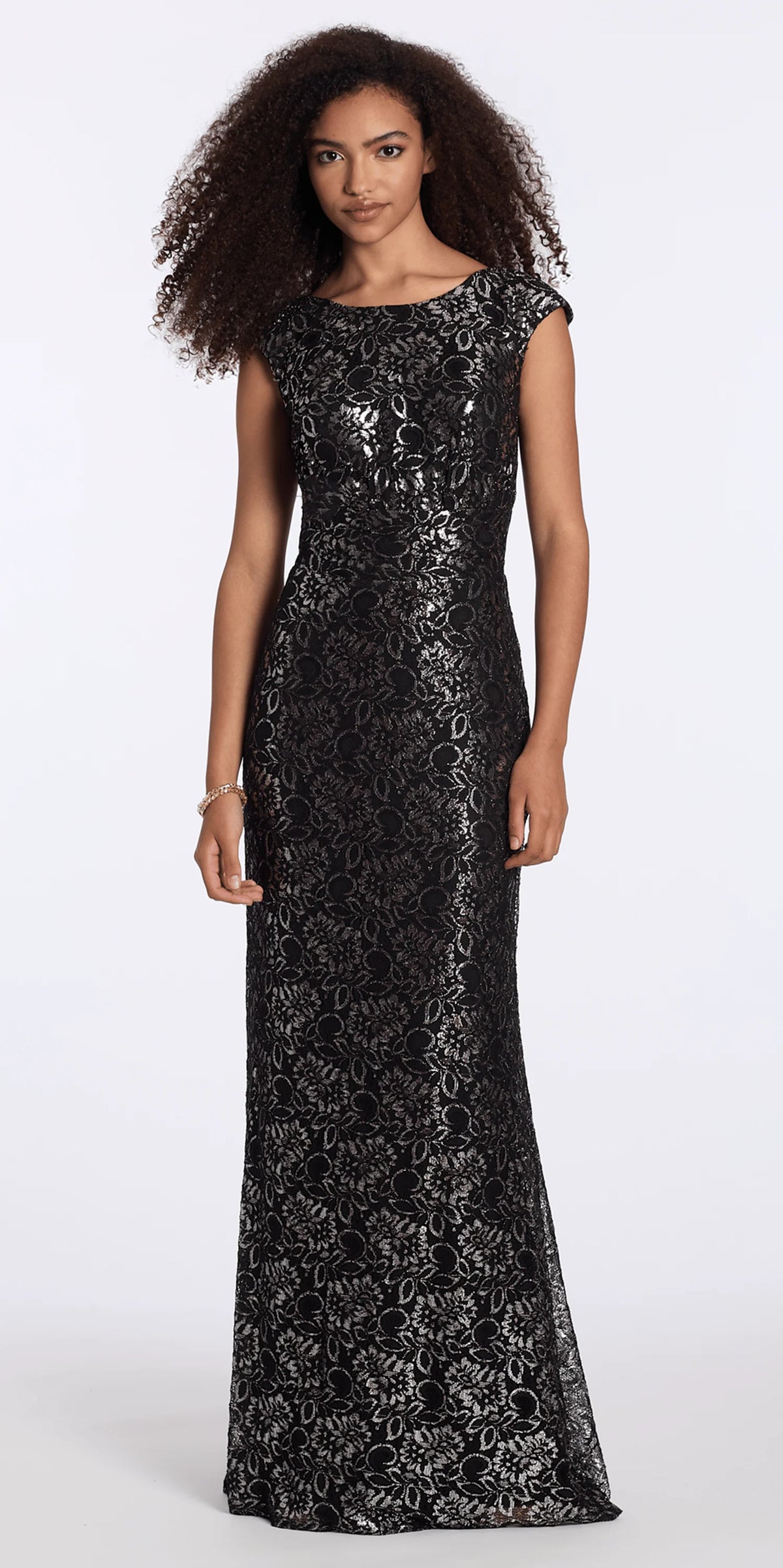 Floral Metallic Lace Scoop Neck Cap Sleeve Column Dress