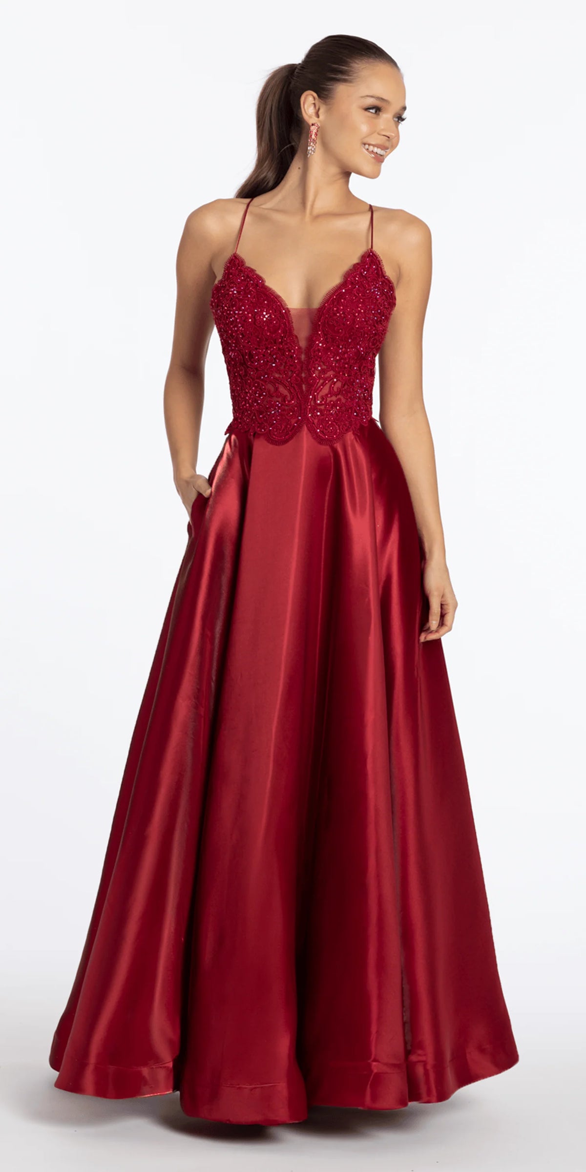 Embroidered Lace Plunge Satin Corset Ballgown with Pockets