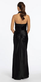 Satin Cowl Neck Halter Column Dress with Side Ruching