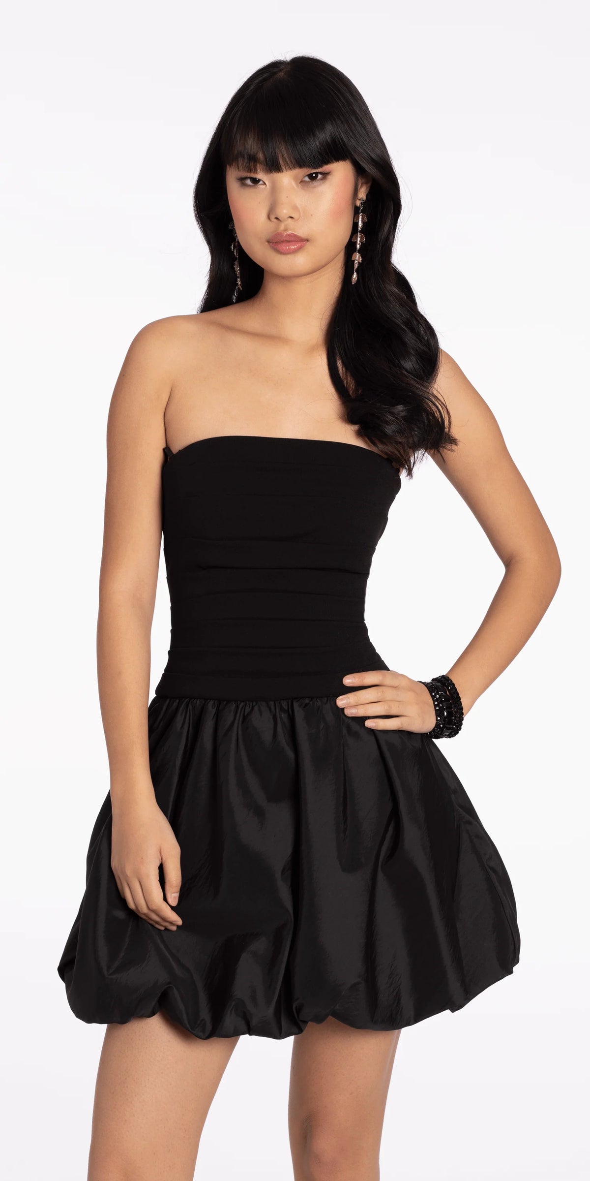 Strapless Scuba Fit and Flare Dress with Taffeta Bubble Hem