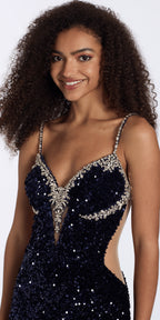 Sequin Velvet Plunging Column Dress with Rhinestone Detail