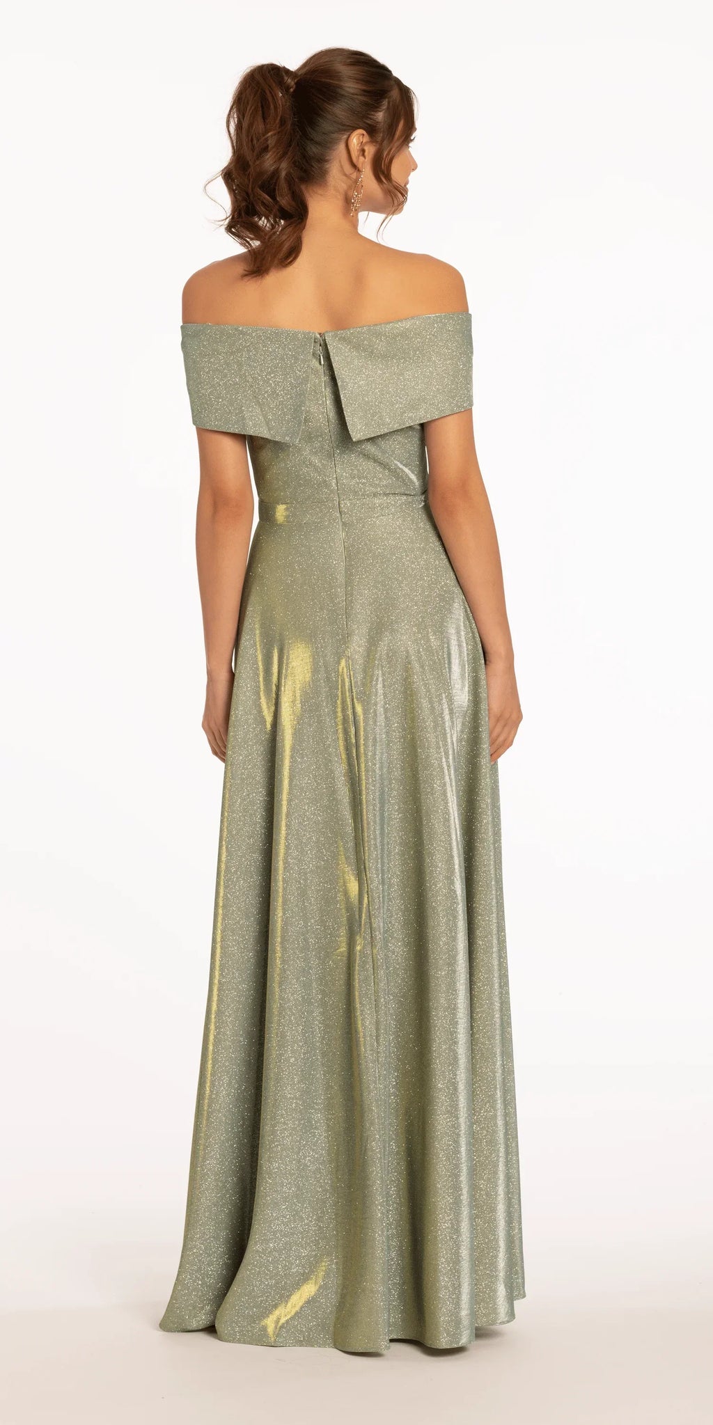 Two Tone Metallic Off the Shoulder Mock Wrap Dress