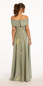 Two Tone Metallic Off the Shoulder Mock Wrap Dress