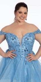 Embroidered Off the Shoulder Beaded Glitter Tulle Tiered Ballgown