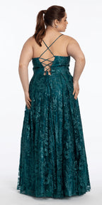Strappy Back V Neck Glitter Mesh Ballgown with Pockets