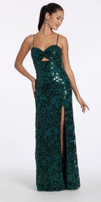 Sequin Lace Twist Sweetheart Column Dress with Keyhole