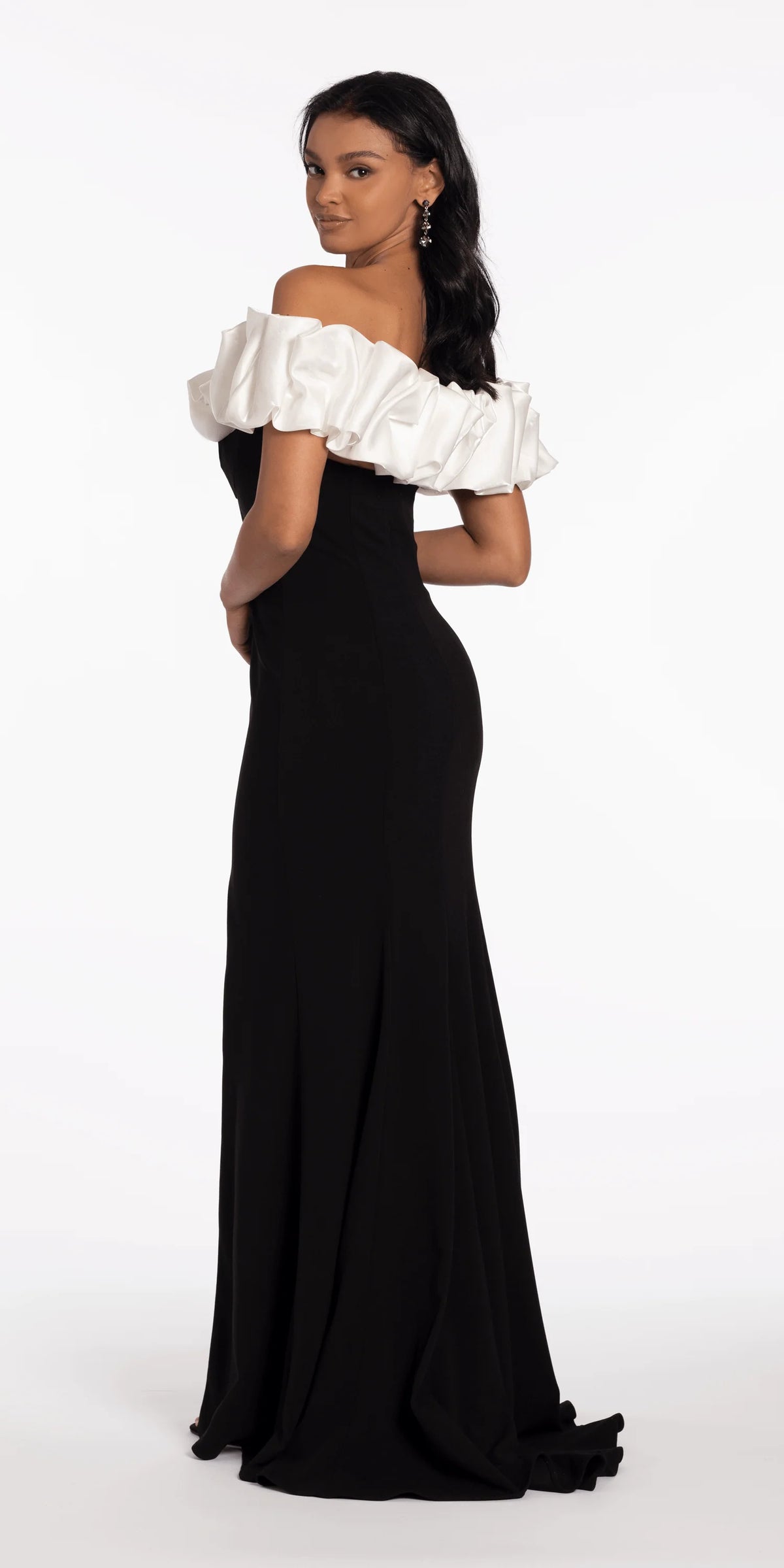 Two Tone Ruffle Off the Shoulder Crepe Trumpet Dress